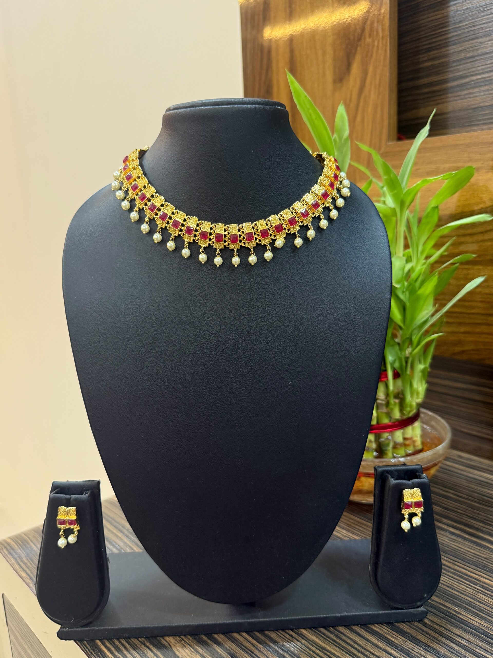 Golden Necklace Set Micro Polish (Square Design)